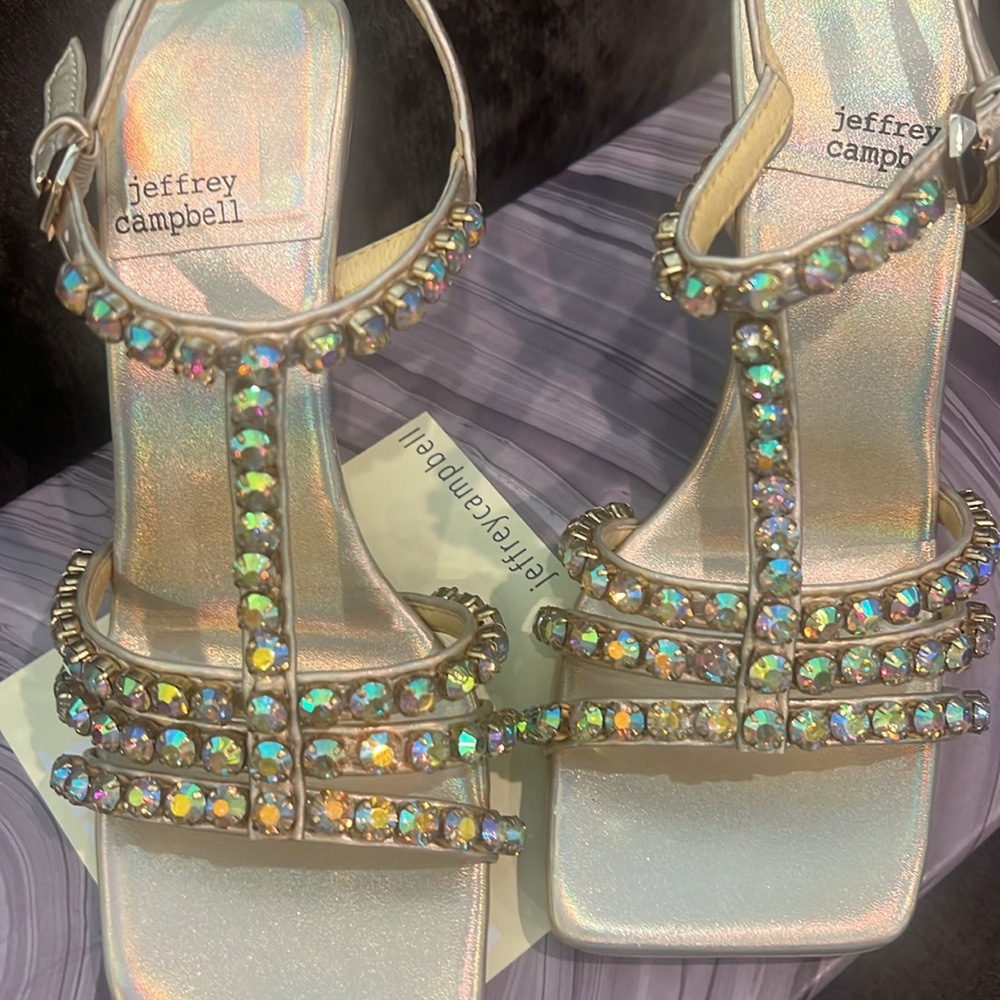 New Jeffrey Campbell Iridescent Gold Rhinestone T-Strap Heeled Sandals, JWL Sz 6